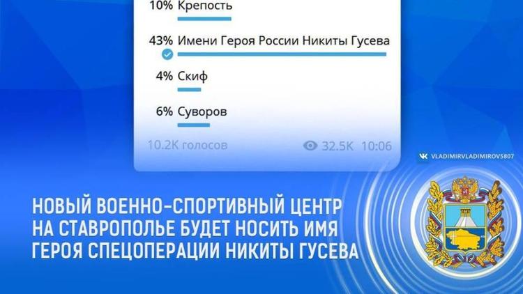 Глава Ставрополья: Новый военно-спортивный центр будет носить имя Героя России Никиты Гусева